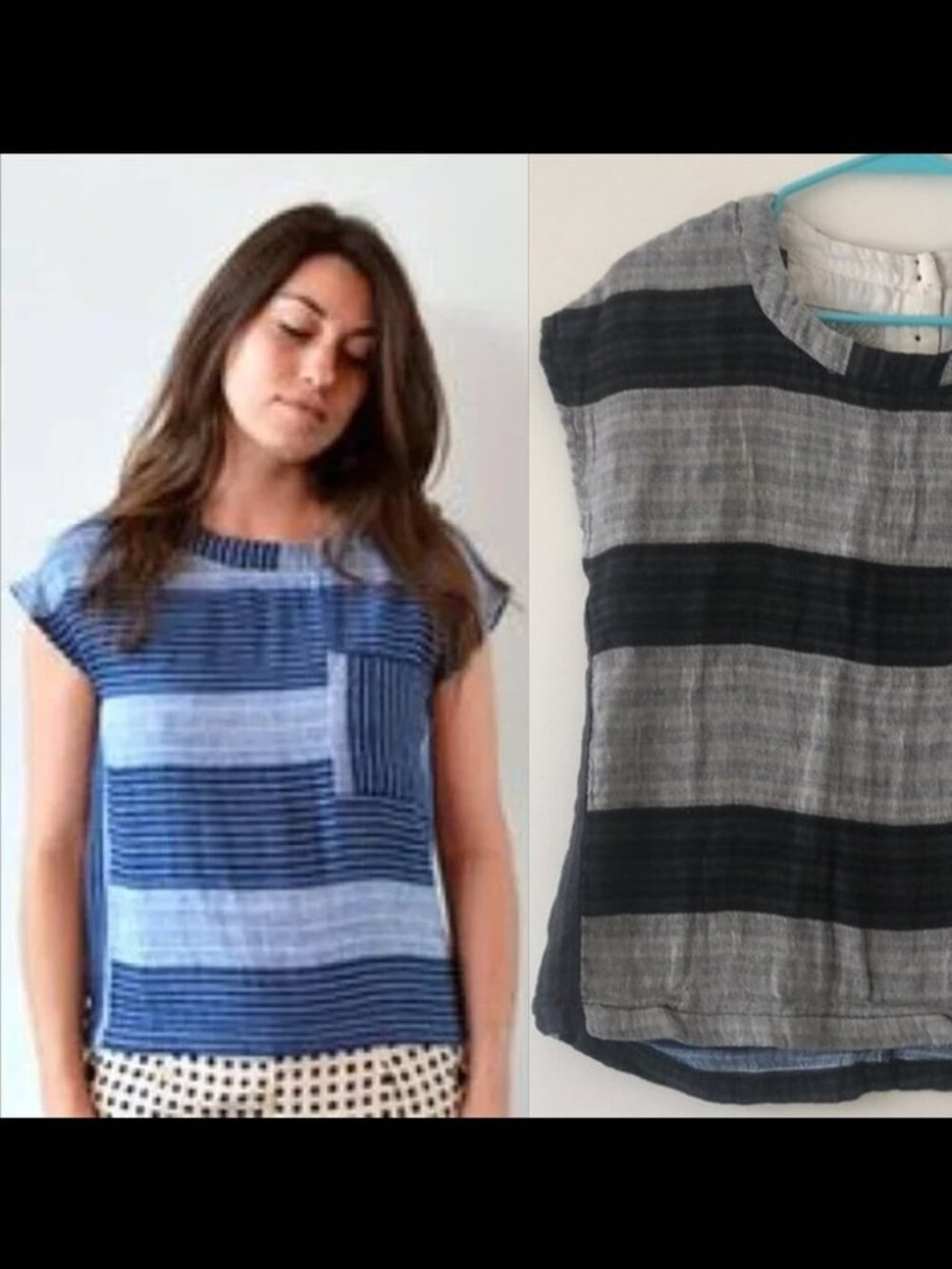 New Ace & Jig Boro boxy contrast stripe button back linen cap sleeve blouse top